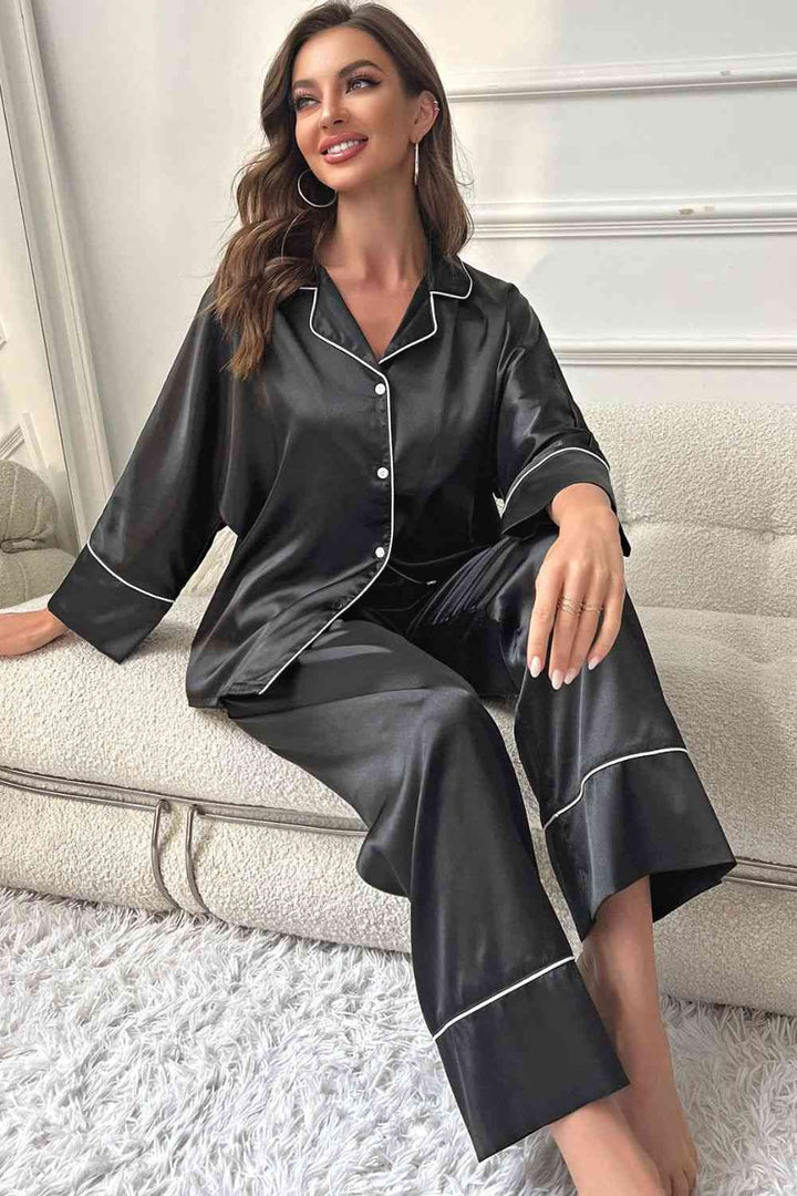 Contrast Piping Button-Up Top and Pants Pajama Set | 1mrk.com