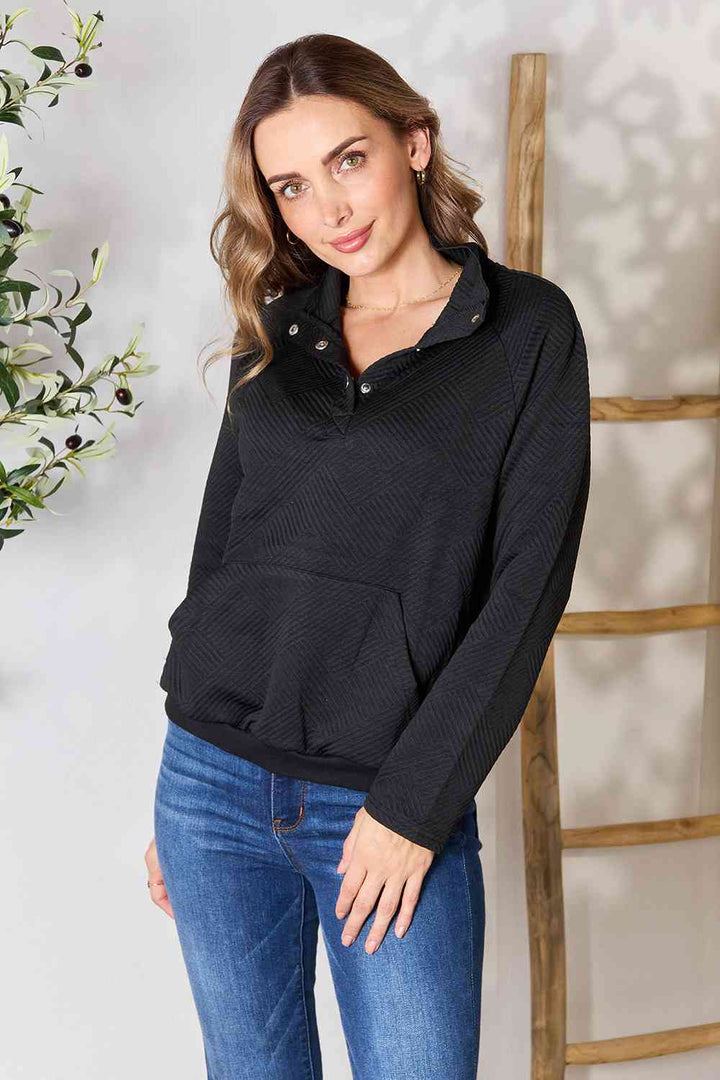 Double Take Half Buttoned Collared Neck Sweatshirt with Pocket |1mrk.com