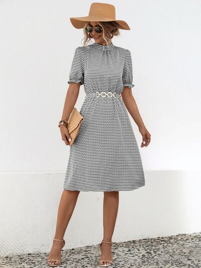 Printed Mock Neck Flounce Sleeve Dress |1mrk.com