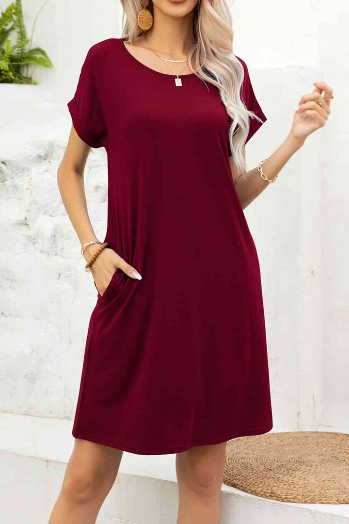 Scoop Neck Short Sleeve Pocket Dress |1mrk.com