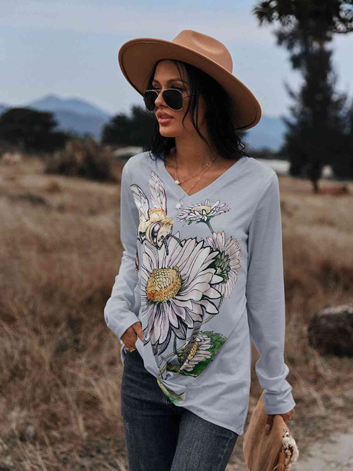 Floral Print Twisted V-Neck Long Sleeve Tee | 1mrk.com