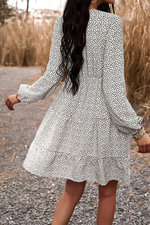 Lace Trim V-Neck Long Sleeve Dress |1mrk.com