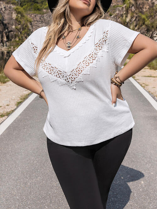 Plus Size Lace Detail V-Neck Short Sleeve Blouse | 1mrk.com