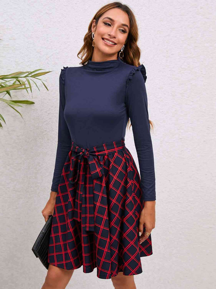 Plaid Tie Waist Ruffle Shoulder Dress |1mrk.com