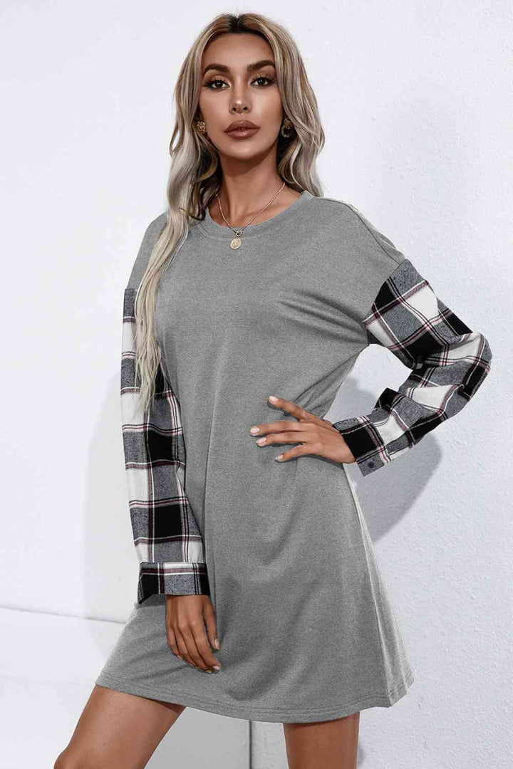 Plaid Sleeve Contrast T-Shirt Dress | 1mrk.com
