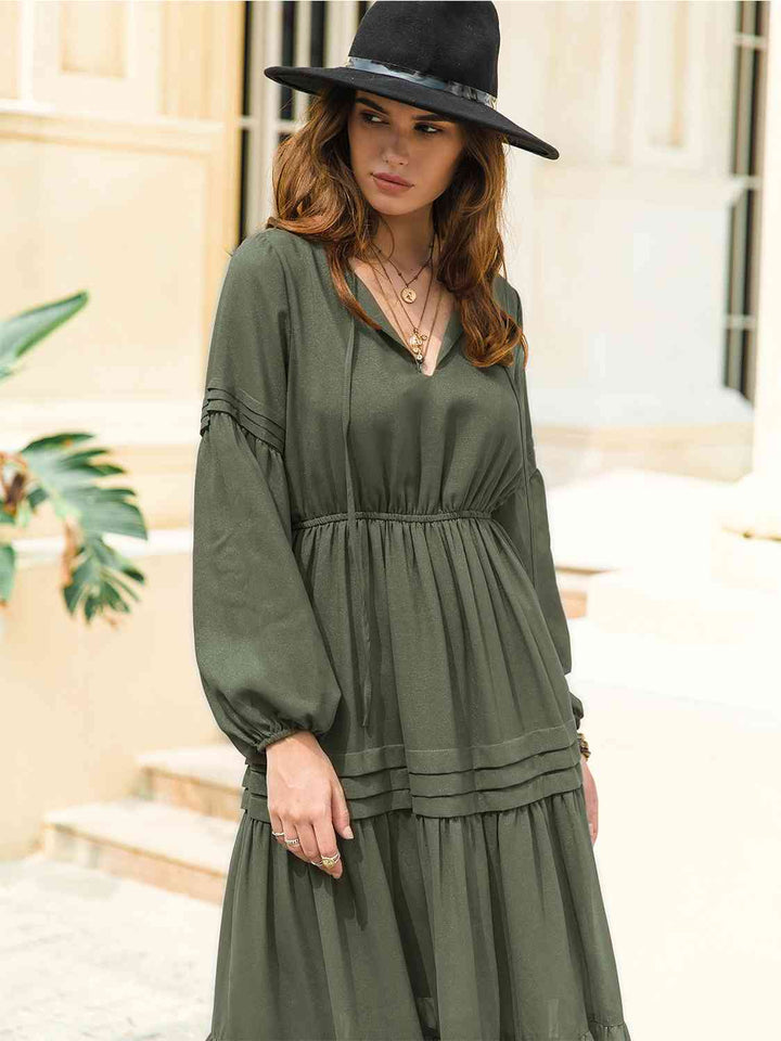 Tie Neck Long Sleeve Midi Tiered Dress | 1mrk.com