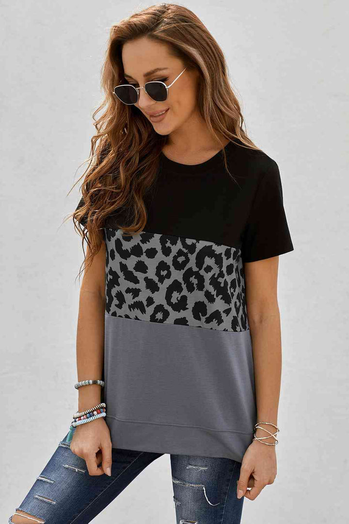 Leopard Print Color Block Short Sleeve T-Shirt | 1mrk.com