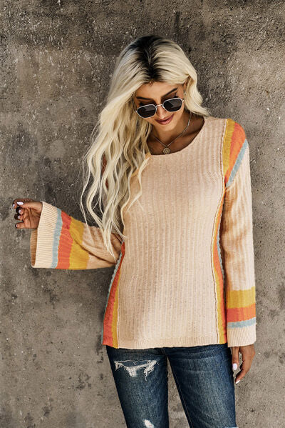 Striped Round Neck Long Sleeve Sweater | Trendsi