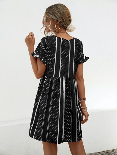 Striped Polka Dot Frill Short Sleeve Mini Dress |1mrk.com