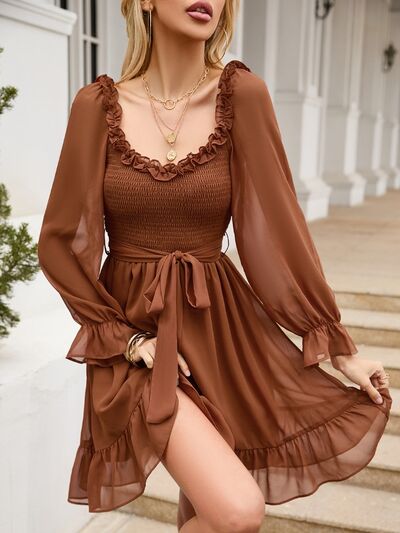 Tie Front Ruffle Hem Smocked Dress |1mrk.com