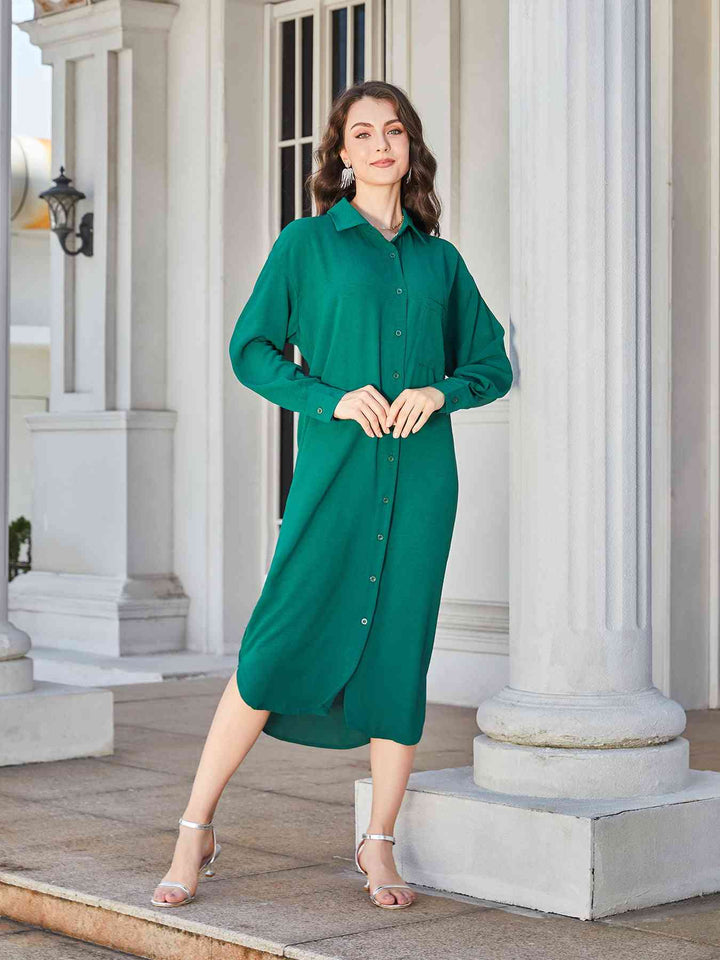 Collared Neck Long Sleeve Midi Shirt Dress |1mrk.com