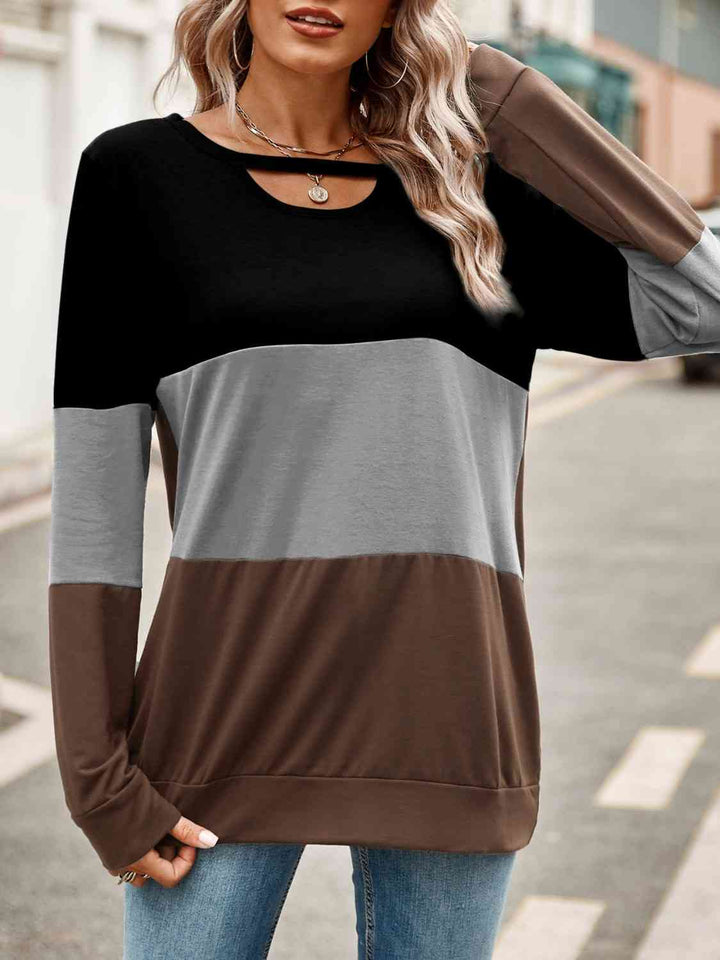 Color Block Cutout Round Neck Long Sleeve T-Shirt | 1mrk.com