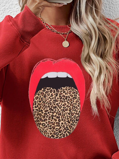 Leopard Lip Graphic Round Neck Sweatshirt |1mrk.com