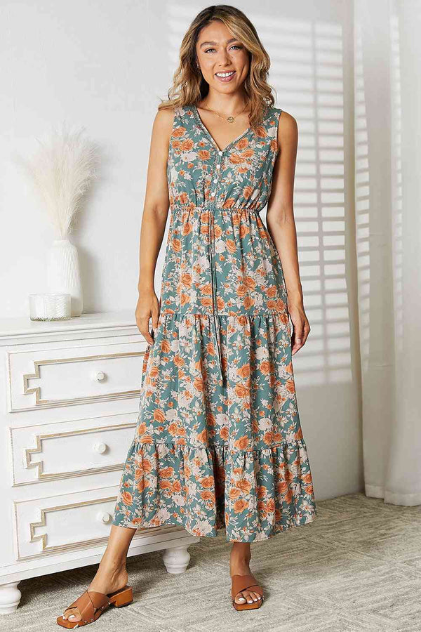 Double Take Floral V-Neck Tiered Sleeveless Dress | 1mrk.com