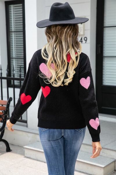 Heart Round Neck Droppped Shoulder Sweater |1mrk.com