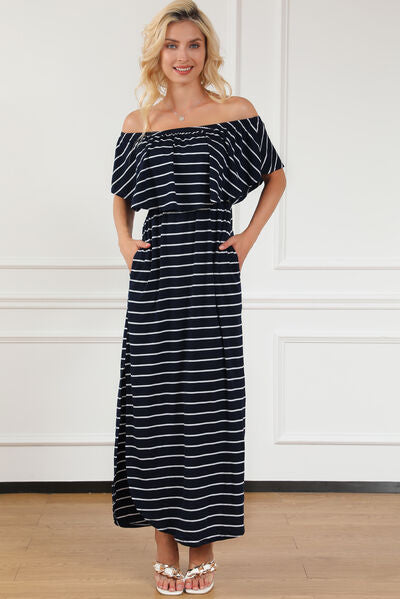 Striped Off-Shoulder Slit Dress |1mrk.com