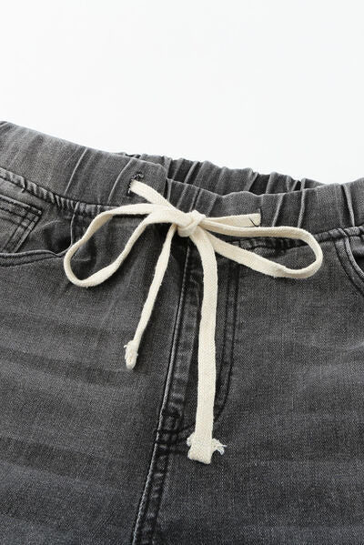 Drawstring Distressed Raw Hem Jeans with Pockets | 1mrk.com