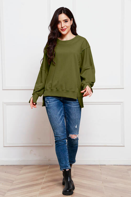 Exposed Seam Long Sleeve Slit Sweatshirt |1mrk.com