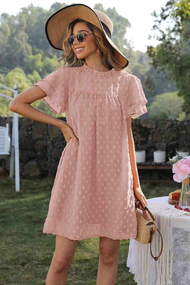 Swiss Dot Round Neck Flutter Sleeve Dress |1mrk.com