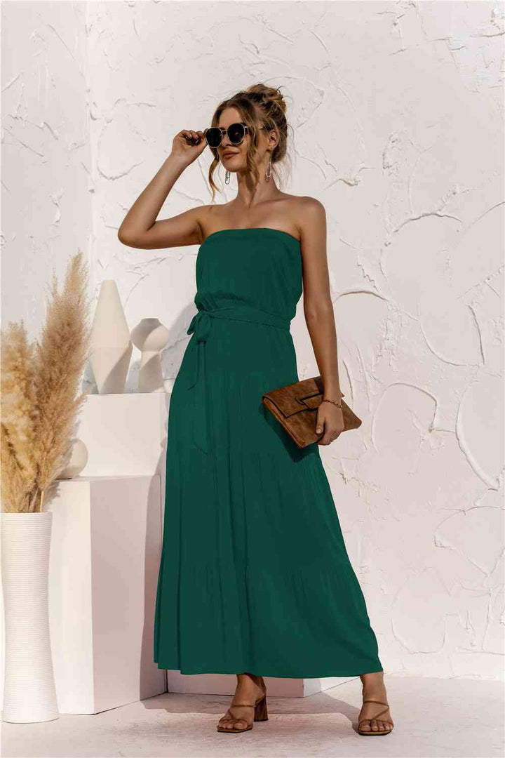 Strapless Tie Waist Tiered Maxi Dress |1mrk.com