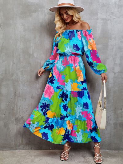 Printed Off-Shoulder Balloon Sleeve Tiered Dress |1mrk.com