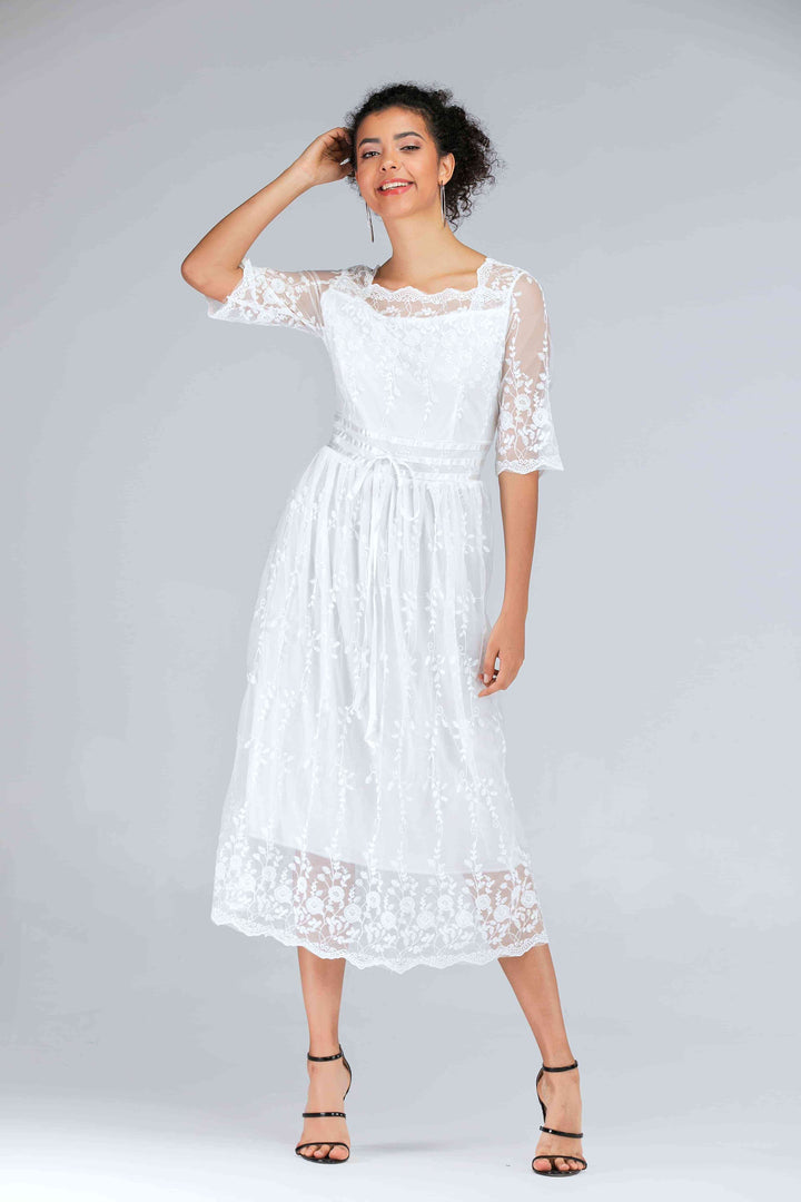 Scalloped Lace Half Sleeve Midi Dress |1mrk.com