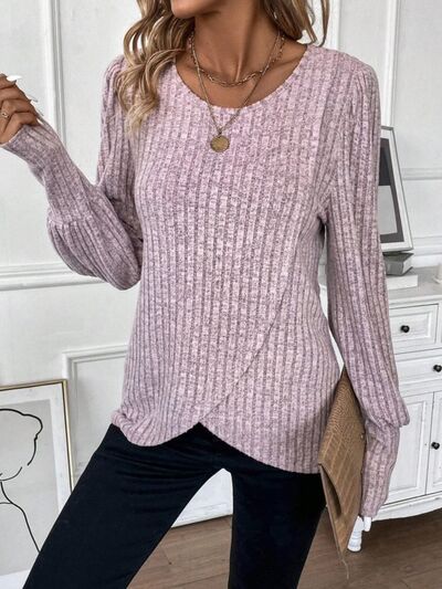 Ribbed Round Neck Long Sleeve Knit Top |1mrk.com