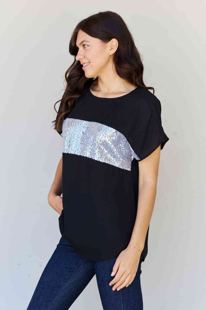 Sew In Love Shine Bright Full Size Center Mesh Sequin Top in Black/Silver | 1mrk.com