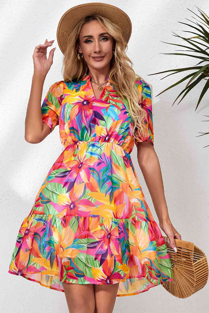 Floral Notched Neck Short Sleeve Dress |1mrk.com