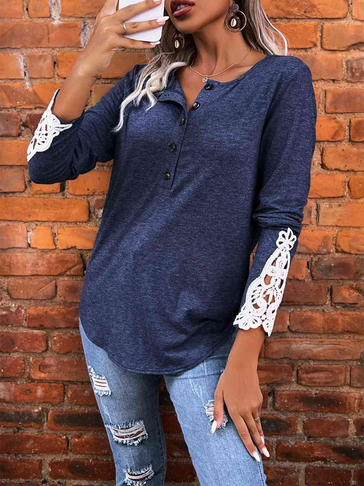 Half Button Lace Detail T-Shirt | 1mrk.com