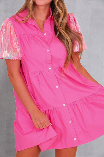 Sequin Button Up Tiered Dress |1mrk.com