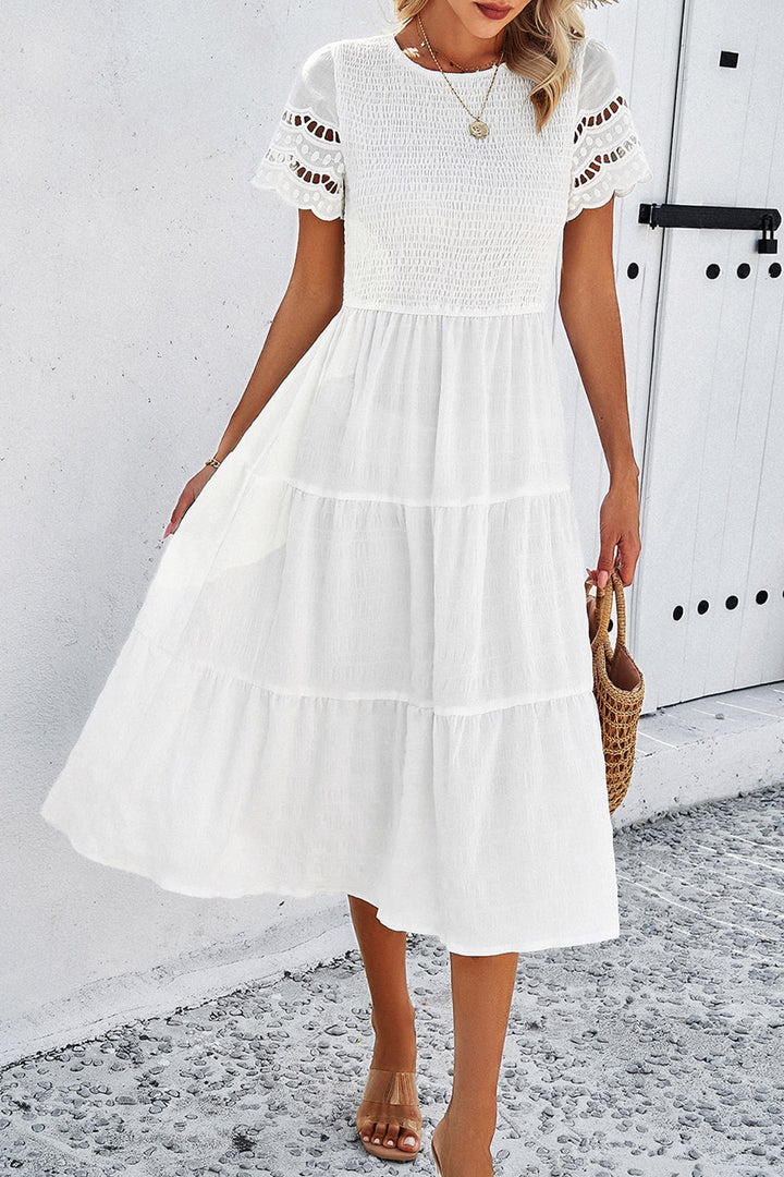 Smocked Round Neck Short Sleeve Midi Dress | Trendsi