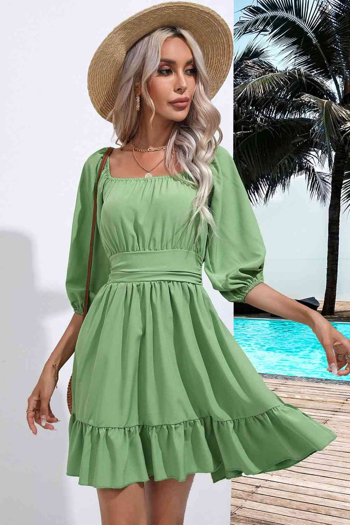 Square Neck Tie Back Ruffle Hem Dress |1mrk.com