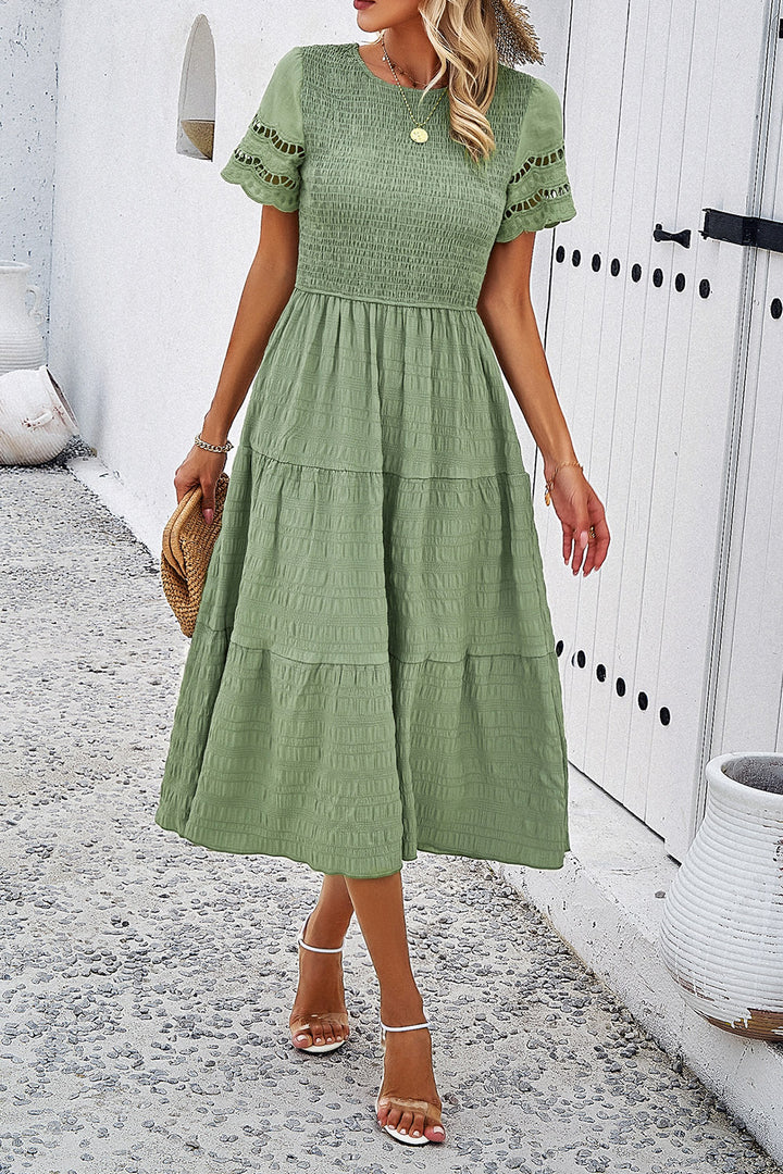 Smocked Round Neck Short Sleeve Midi Dress | Trendsi