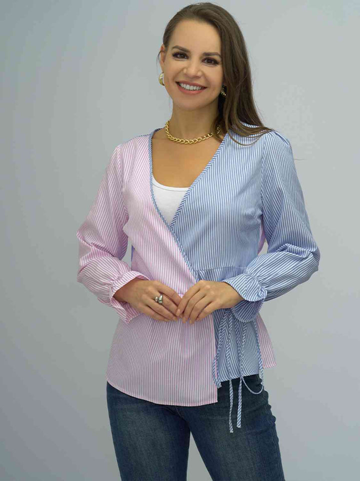 Contrast Tied Flounce Sleeve Blouse | 1mrk.com