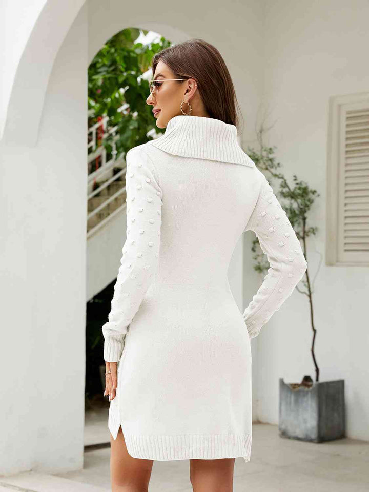 Turtleneck Long Sleeve Slit Sweater Dress | 1mrk.com