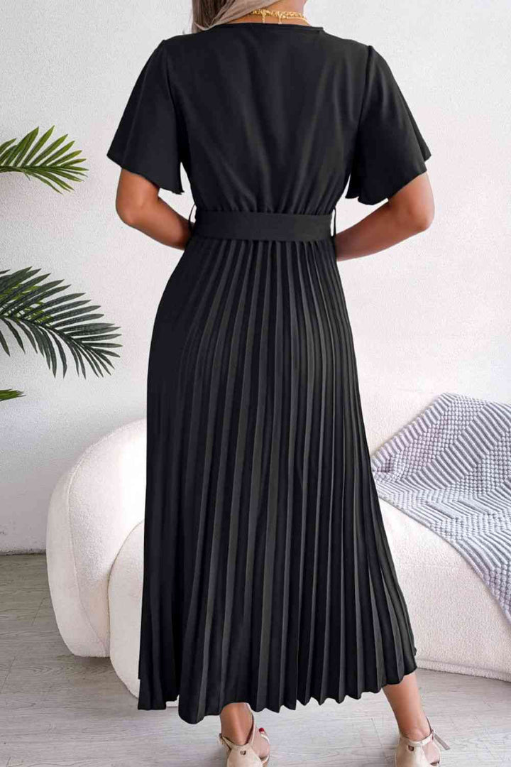 Pleated Flutter Sleeve Belted Dress | 1mrk.com