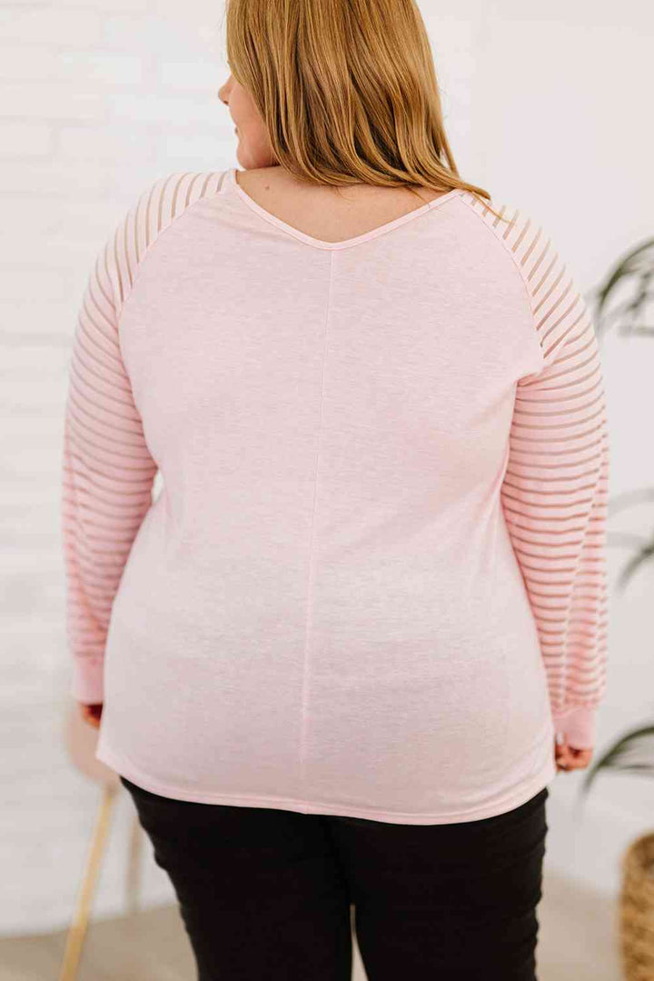 Plus Size Sheer Striped Sleeve V-Neck Top | 1mrk.com