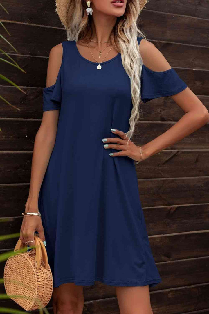 Floral Round Neck Cold-Shoulder Dress |1mrk.com