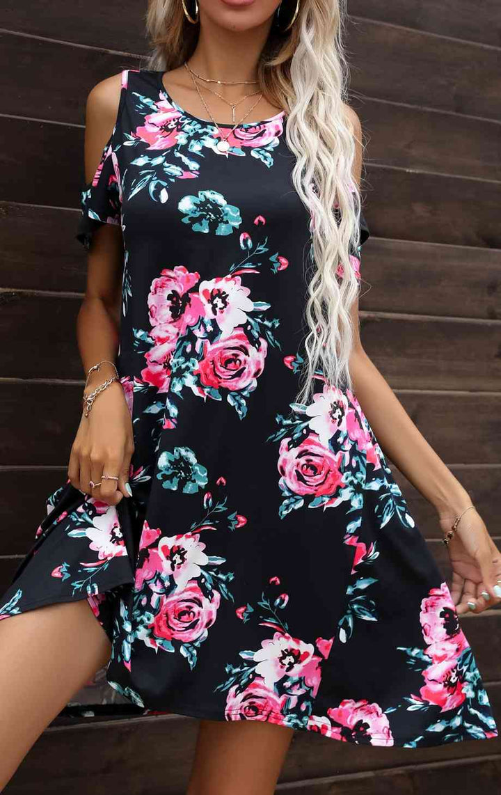 Floral Round Neck Cold-Shoulder Dress |1mrk.com