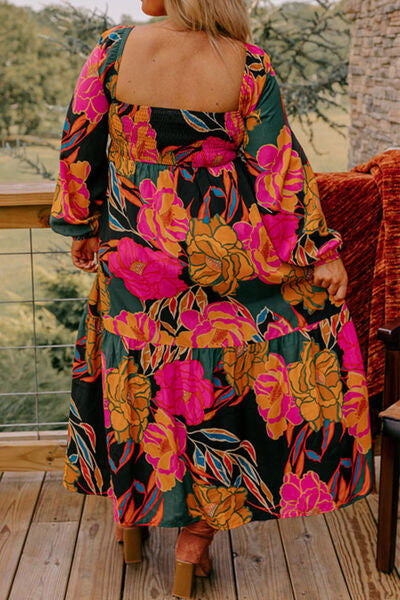 Plus Size Printed Square Neck Balloon Sleeve Dress | 1mrk.com