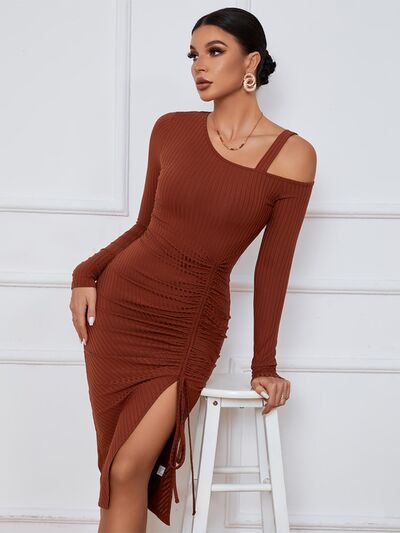 Ribbed Ruched Drawstring Wrap Dress | 1mrk.com