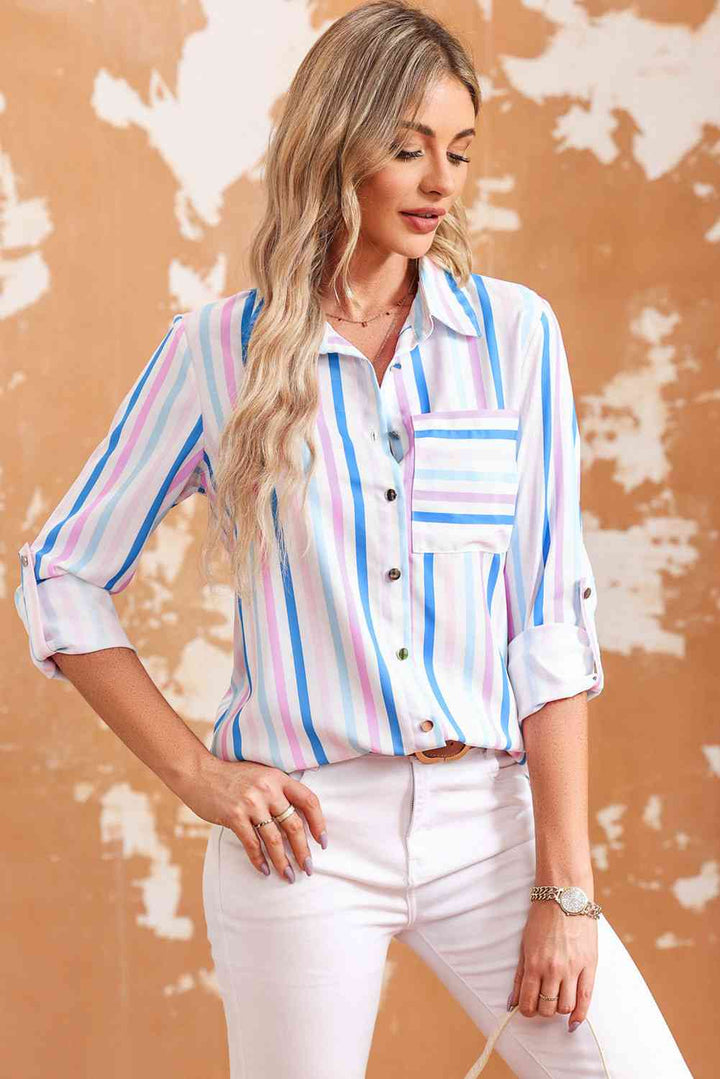 Double Take Striped Long Sleeve Collared Shirt |1mrk.com