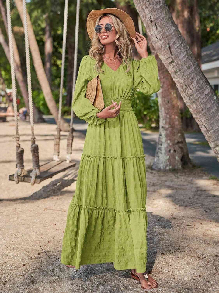 Smocked Waist V-Neck Maxi Dress |1mrk.com