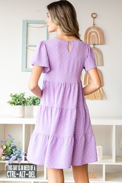 Heimish Full Size Swiss Dot Short Sleeve Tiered Dress |1mrk.com