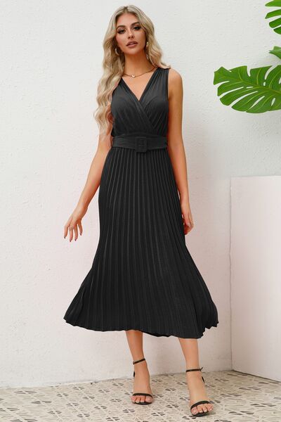 Surplice Sleeveless Midi Pleated Dress |1mrk.com