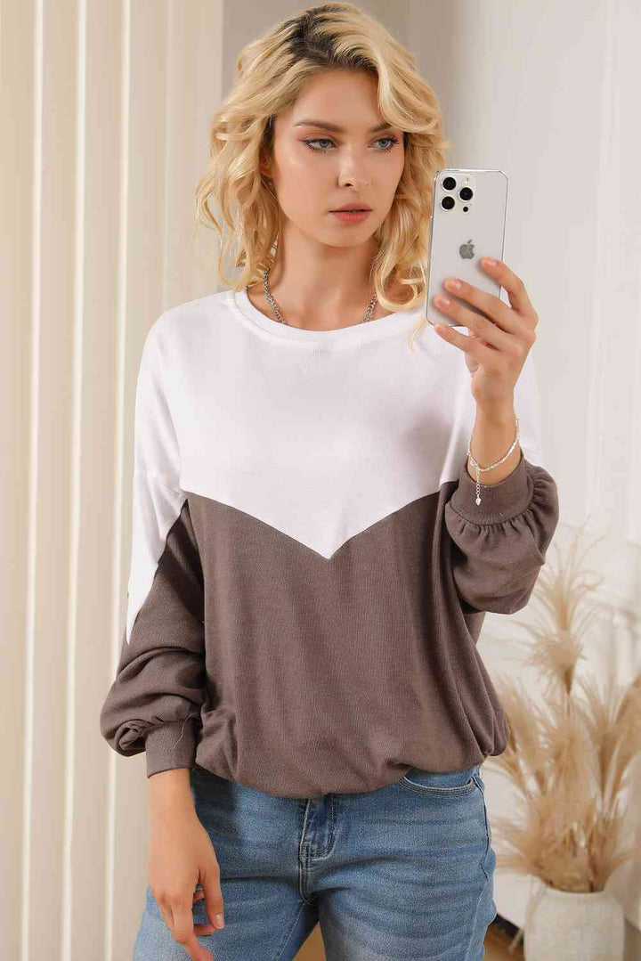 Contrast Round Neck Lantern Sleeve Sweatshirt |1mrk.com