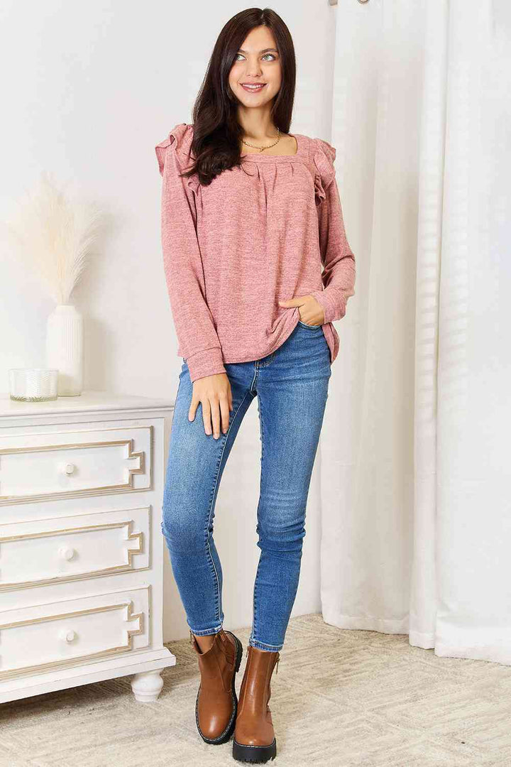 Double Take Square Neck Ruffle Shoulder Long Sleeve T-Shirt | 1mrk.com