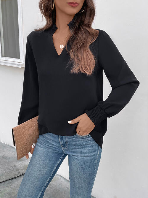 Smocked Notched Long Sleeve Blouse |1mrk.com