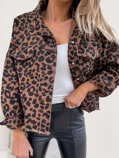 Leopard Raw Hem Dropped Shoulder Denim Jacket | 1mrk.com